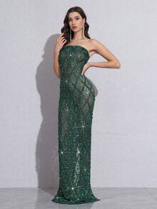 Modphy Women Sexy Luxurious Sparkling Rhinestone Sequin Mesh Fitted Tube Dress, Formal Gown For Wedding, Banquet, Party, Holiday, Wedding Guest Dress, Evening Dress