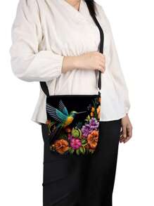 Vibrant Hummingbird Print Pattern Messenger Bag, Unisex Reusable Shoulder Bag, Casual Fashion Crossbody Bag, Floral & Animal Print Storage Pouch, Portable Shoulder Bag, Party Gift, Great For Hummingbird Enthusiasts - Black - View 3