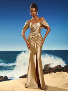 Vestido de fiesta formal de mujer con hombros descubiertos, drapeado y bajo de sirena con decoración de lazo, vestido de invitada de boda, vestido de noche, vestido de gala - Champán - Ver 8