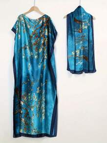 1pc Women Floral Printed Faux Silk Long Scarf With Hijab, Loose Plus Size Shawl For Homewear, Suitable For Summer & Autumn, Indoors And Air-Conditioned Rooms, Abaya Hijab, Modest Kaftan