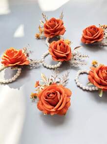 1 cái/6 cái hoa cài cổ tay bằng polyester màu cam phong cách Boho hình hoa hồng, phụ kiện cưới mùa hè cho cô dâu và phù dâu, phụ kiện ngày Valentine. - Màu Cam cháy - Xem 3
