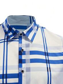 Camisa xadrez de manga curta casual masculina, camisa versátil e elegante para trabalho e lazer, com gola virada para baixo e design de 7 botões - Azul e branco - Ver 7