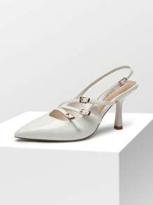 Women's Kitten Heel Slingback Pumps - Pointed Toe Buckle Strap Elegant Heels For Wedding, Party & Dress Occasions - trắng - Xem 6