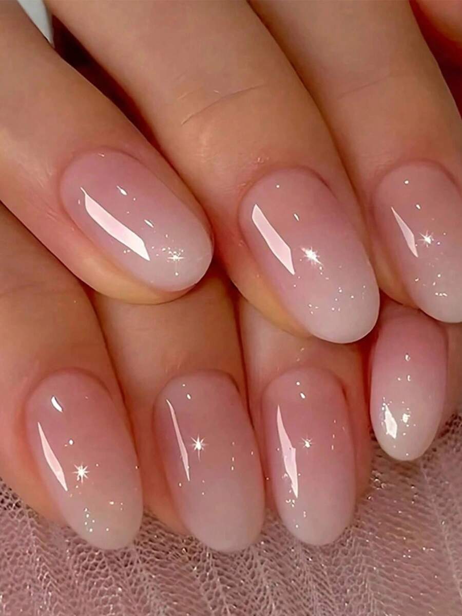 24 件短款椭圆形冰白色渐变美甲套装长款指甲压合器适合派对舞蹈日常佩戴 - 粉色 - 查看 1