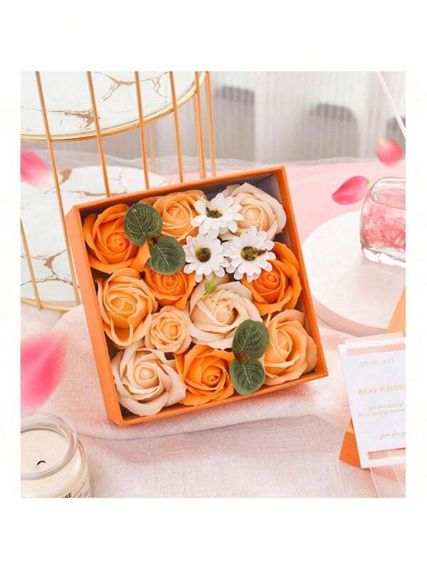 "Valentine's Day Mother's Day Father's Day Wedding Soap Flower Gift Box Transparent Window Creative Square Design Artificial Rose Bouquet Permanent Floral Gift For Women"