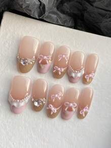 XEERCOOU Bộ 10 móng tay giả kiểu Pháp đính nơ hồng ren công chúa xinh xắn, đầu móng giả kèm 1 miếng dán và 1 dũa móng mini - Nhiều màu - Xem 8