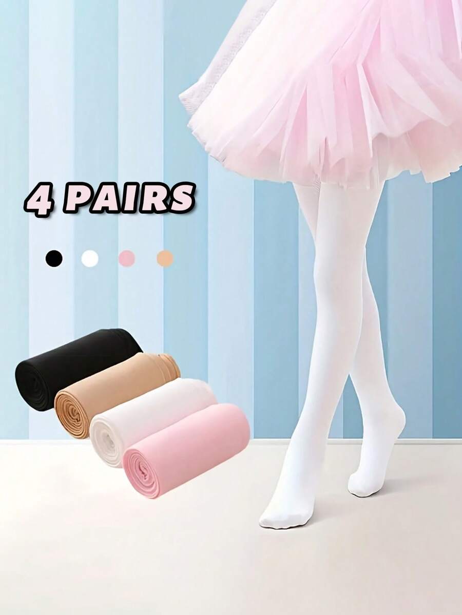4 Pairs Children Tights, Girls Dance Stockings, Solid Color Tight Pants, White/Pink/Black/Nude, Multiple Color Packs, Suitable For Indoor And Outdoor Wear, All Season - Multicolor - View 1