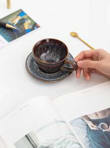 1pc 170ml Ceramic Coffee Cup & Saucer Set, Reactive Glaze Creative European Style Coffee Mug, Vintage Latte, Espresso, Breakfast Cup Back To School