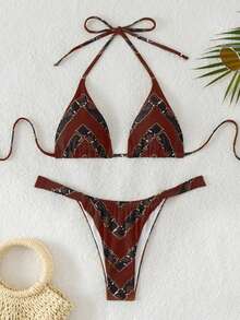 LUCKY HOLIDAY Fashionable Tie-Dye Print Triangle Bikini Set - Brown - View 2