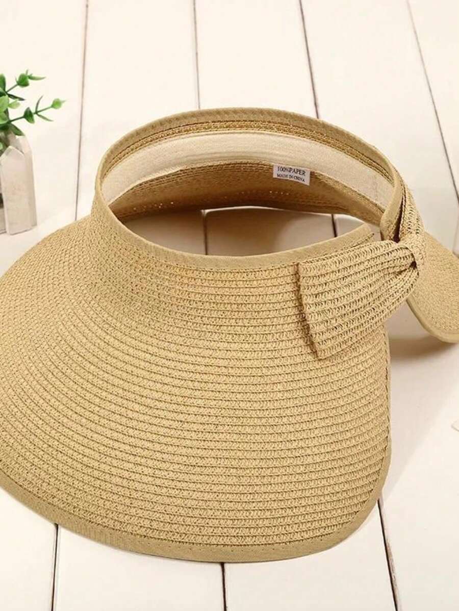 Straw Hat With Hollow Top For Women, British Style Straw Hat, 2025 New Style, Topless Sun Hat, Ladies Bow Sun Hat, Seaside Holiday Sun Hat, Summer Hat - Khaki - View 1