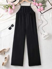 1pc Teenager Wide-Leg Jumpsuit, Loose Fit, Sleeveless, With Hidden Pockets, Versatile