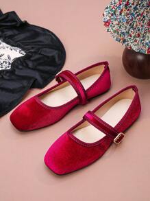Cross-Border Women's Fashion Wide Fit Flat Shoes, Square Toe, Low Vamp, Wine Red Gold Velvet, Sweet One-Buckle, Suitable With Skirts, Spring/Autumn Season, Fit Size 35-43,Mary Jane,Ballet Flats - Burgundy - View 7