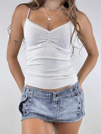 Just Masa 女士夏季 Y2K 性感修身年轻火辣 V 领亮片羊毛吊带背心