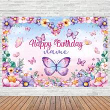 Customizable Personalized Pink Purple Butterfly Themed Party Birthday Backdrop Banner With Spring Pink Flowers And Butterflies Birthday Party Theme Customizable Name Happy Birthday For Birthdays Perfect For Photo Booths & Celebrations, Summer Holiday - White - View 1