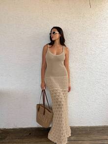 Women's Casual Hollow Out Sleeveless Knit Tank Dress For Beach Vacation, Summer Crochet Hollow Knit Beach Dress, Women's Vacation Bohemian V-Neck Cover Up Dress, Spring/Summer/Autumn - Khaki - View 8