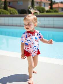 Baby Girl Rash Guard Swimsuits Short Sleeve Round Neck Ruffle Bathing Suit Toddler Swimwear - Red - View 4