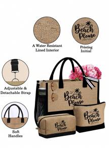 女士沙滩主题手提包套装，饰有艺术感十足的“沙滩沙滩”字样和棕榈树印花，包含1个大容量手提包和2个化妆包。 - 卡其色 - 查看 5
