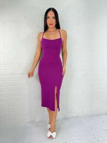 Vestido Ana Tubinho Canelado Modelador Fenda Lateral  Costas Nuas Alcinha Frente Única