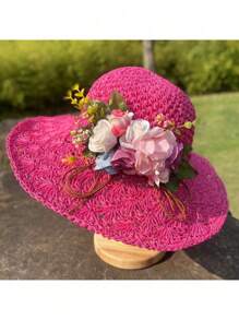 女士手工花卉编织草帽，时尚简约风格，适合旅行、海滩、度假穿着，可折叠且用途广泛 - 彩色 - 查看 15