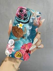 夏季手机壳适用于 1 件夏季海龟海滩图案防水、防指纹、防刮、透明、IMD、柔软、亮面、光滑手机壳 - 彩色 - 查看 1