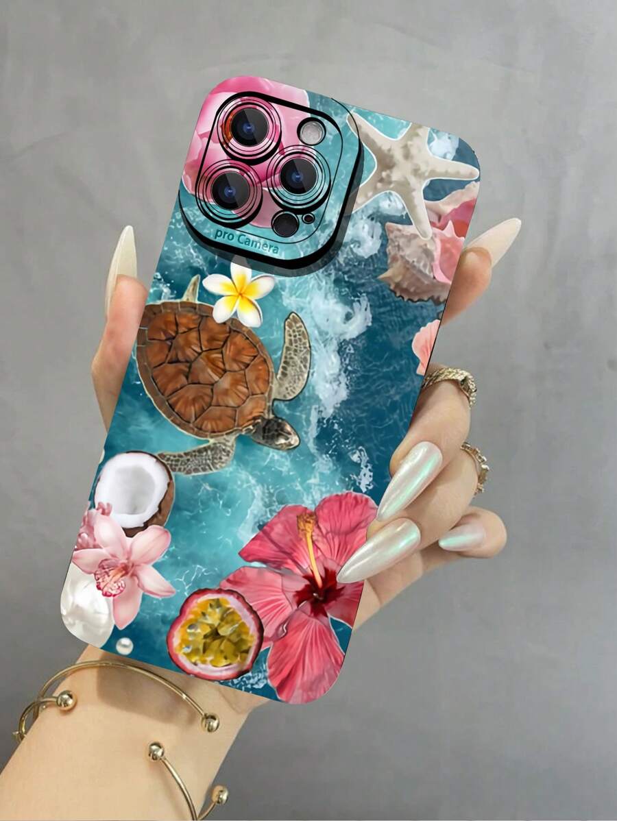 夏季手机壳适用于 1 件夏季海龟海滩图案防水、防指纹、防刮、透明、IMD、柔软、亮面、光滑手机壳 - 彩色 - 查看 1