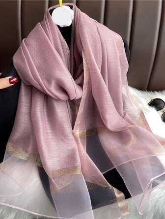 1件韩式金丝亮片仿丝绸缎面防晒奢华品牌春夏大号长款羊绒围巾纯色披肩，保暖护颈，女士沙滩时尚头巾围巾，新款装饰，适合日常佩戴。
