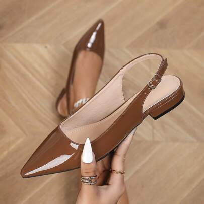 Zapatos de mujer de unicolor elegantes con correa de tobillo, tacón bajo y ligero, puntera puntiaguda planos