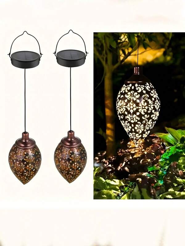 1Pc/2 Pcs Vintage Bronze Tone Waterproof Solar Pendant Light Outdoor Metal Polished Nickel Battery Garden Decor With Hollow Garden Lamp LED Decorative Lights For School Decoration Street Courtyard Balcony Garden Use