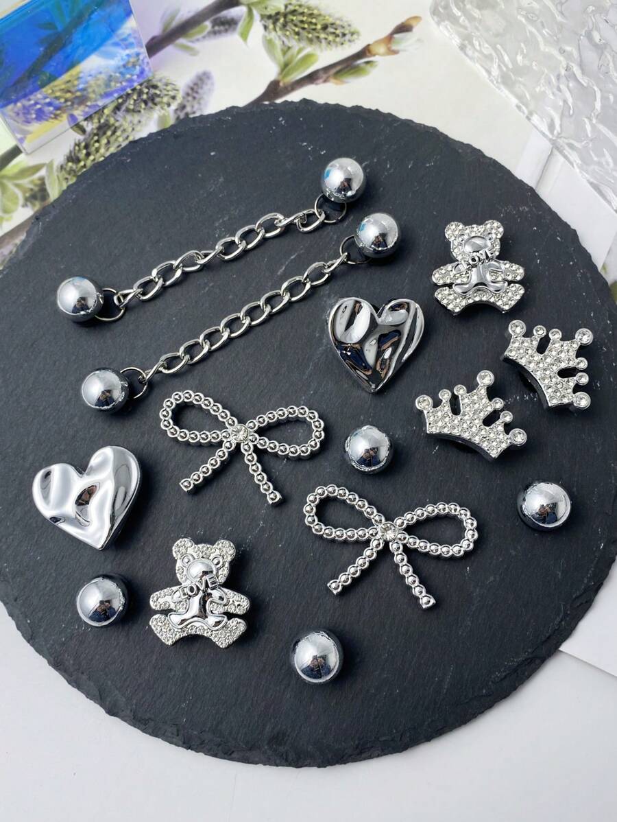 14pcs Wooden Shoes Decorations (Pink Bow, Black Crown, Black Flower, Golden Chain) - Easy-To-Install Detachable DIY Decor For Customizing Mary Janes, Garden Shoes, Clogs, Sandals And Beach Bags - Perfect Gift For Holidays, Parties And Special Occasions - Silver - View 1