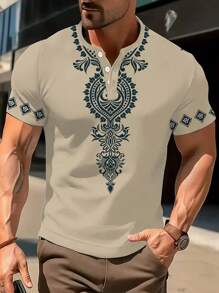 1pc Men's Summer Crew Neck Short Sleeve T-Shirt, Print, Casual Henley Tee