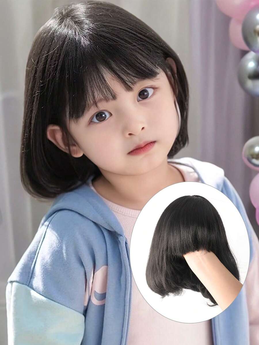 兒童短款黑色假髮，女童時尚可愛空氣瀏海，自然短髮造型，短直髮耐熱合成纖維全頭假髮，萬聖節