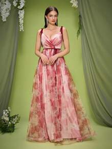Mgiacy,New Arrival,V Neck,Velvet,Lace Up,Romantic,Mesh,Printed,High Slit,Bridesmaid Dress,Long Dress - Pink - View 6