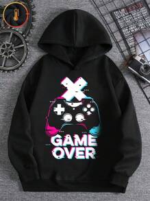 Sudadera con estampado gráfico "Game Over" para niños/adolescentes, sudadera con capucha casual oversize con forro polar, estilo streetwear de ajuste holgado, manga larga cómoda para otoño/invierno