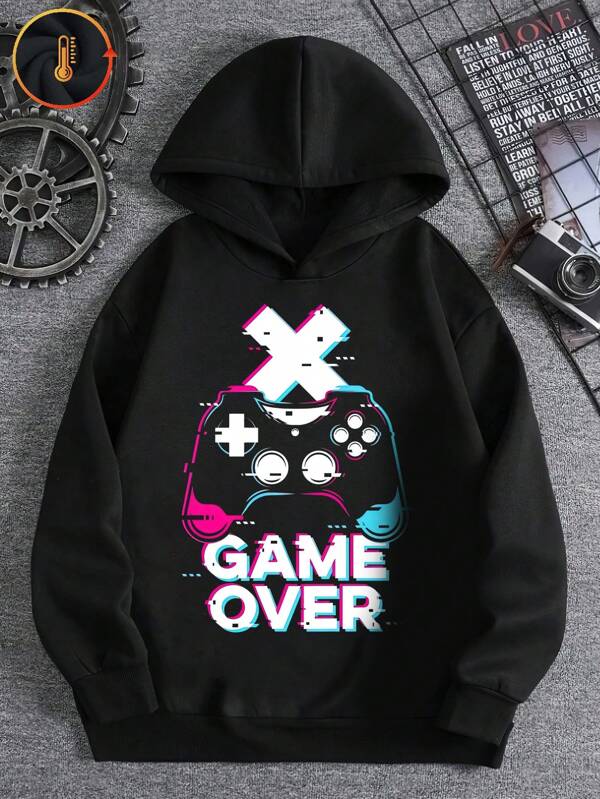 Sweat-shirt-shirt garçons/adolescents avec imprimé graphique "Game Over" cyberpunk, pull à capuche ample et décontracté avec doublure en polaire, style streetwear surdimensionné, Top à manches longues confortable
