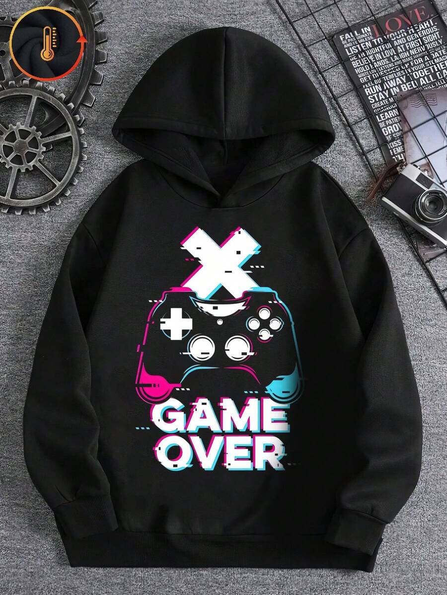 Sudadera con estampado gráfico "Game Over" para niños/adolescentes, sudadera con capucha casual oversize con forro polar, estilo streetwear de ajuste holgado, manga larga cómoda para otoño/invierno