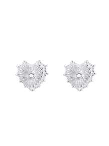 Solid 925 Sterling Silver Carved Heart Stud Earrings With Crystal, Cute & Everyday Wear Design - Earrings - View 1
