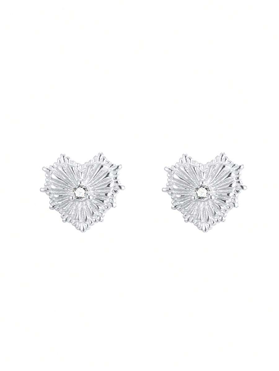 Solid 925 Sterling Silver Carved Heart Stud Earrings With Crystal, Cute & Everyday Wear Design - Earrings - View 1
