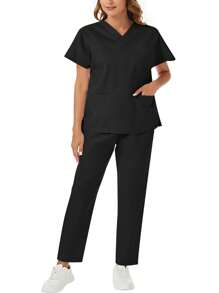 Plus Size Women's V-Neck Double Pockets Top With Elastic Waist Pants Uniform Set Scrub Set - Black - View 6