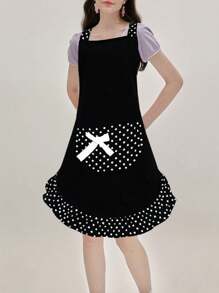 1pc Cute Polka Dot Bowknot Princess Style Apron, Adjustable Waist Strap, Single Pocket Design, Sleeveless Kitchen/Restaurant Uniform For Women