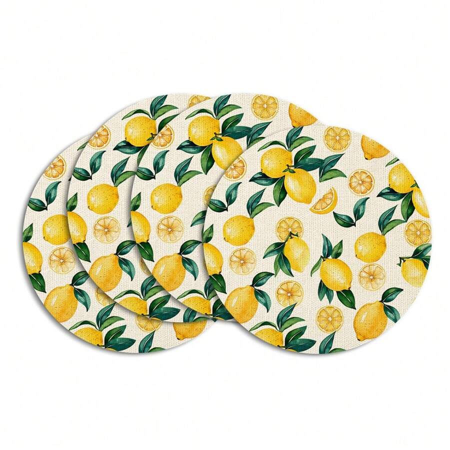 4pcs/6pcs/8pcs/Set Yellow Lemon Theme Placemats, 14 Inch Round Spring/Summer Holiday Table Mats Suitable For Party, Kitchen, Dining Room Decor