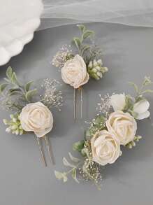3pcs Rose Casual Fabric Floral Set, Bride Rose Headpiece, Wedding Flower Headband & Hair Clips Bridal Wedding Gift, Thanksgiving Gift For All Seasons - White - View 1