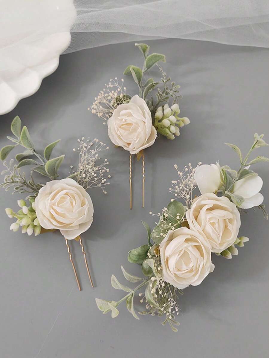 3pcs Rose Casual Fabric Floral Set, Bride Rose Headpiece, Wedding Flower Headband & Hair Clips Bridal Wedding Gift, Thanksgiving Gift For All Seasons - White - View 1