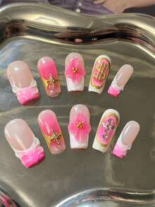 10 pezzi di unghie indossabili realizzate a mano, sfumatura rosa e bianco, fiori lavorati a mano con stami dorati a sfera, linee dorate ovali, decorazioni a forma di croce di strass, ornamenti dorati a forma di moneta, decorazione a rigonfiamento filettato. Stile primavera ed estate, adatto per il tempo libero quotidiano, le vacanze, camminare sul verde, partecipare a danze, banchetti, feste ed altre attività. Forniture per unghie