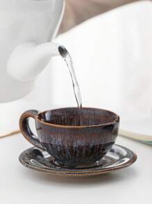 1pc 170ml Ceramic Coffee Cup & Saucer Set, Reactive Glaze Creative European Style Coffee Mug, Vintage Latte, Espresso, Breakfast Cup Back To School