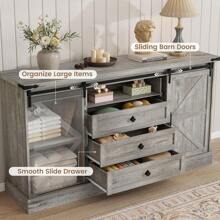 4 Drawer Farmhouse Dresser, 59" Wood Dressers With Sliding Barn Doors, TV Stand With Large Drawers & Bar Handles, Dressers & Chests Of Drawers For Closet, Bedroom,Living Room - Dead Wood Gray - View 6
