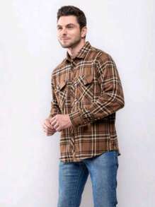 Men's Long Sleeve Plaid Flannel Shirt - 鏽棕色 - 查看 1