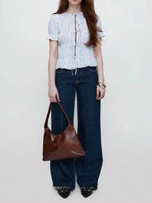 Women's Casual Comfort Blue & White Striped Pattern Round Neck Ruched Front Tie-Up Slit Hem Shirt Summer - Blue and White - View 8