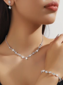 4 件套新娘婚礼首饰套装水钻项链耳环手链戒指套装正式服装首饰配饰百搭首饰适合女性和新娘