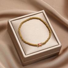 TUANZISP 1pc Women Birthstone Beaded Adjustable Bracelet, Luxury Gold Tone Stainless Steel Elastic Charm Bracelet, Elegant Birthday Gift For Her