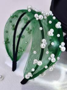 1pc Elegant Green Mesh Decorated Wide Headband With Pearl Embellishment, Suitable For Parties, Photography, Daily Wear - Green - View 4